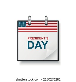 Vector 3d Realistic Presidents Day Paper Classic Simple Minimalistic Calendar with US Flag Colors Icon. Design Template for Presidents Day Card, Banner, Wall Calendar, Background. February 21, 2022