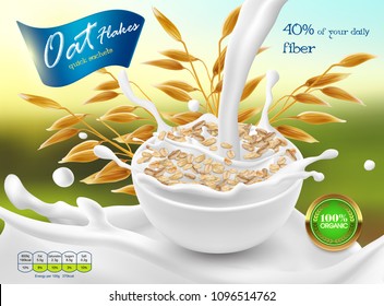 Vector 3d realistic promo poster, banner of oat flakes. Cereal ears, grains with white bowl and splashes of milk. Detailed plant for packaging design. Agriculture organic crop.