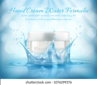 Vector 3d realistic promotion banner, mock up with glass jar of cosmetic, hand cream. Blue water splashing, bottle with moisturising essence on background. Skincare, beauty product for skin treatment
