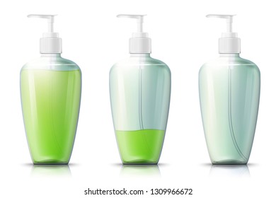 Vector 3d realistic pump bottle with liquid gel inside, isolated on white background. Mock-up for product package branding.