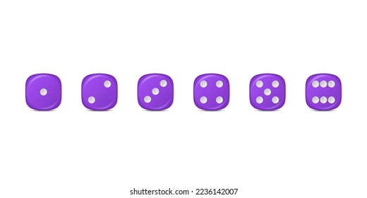 Vector 3d Realistic Purple Game Dice Icon Set Closeup Isolated. Game Cubes for Gambling, Casino Dices From One to Six Dots, Round Edges