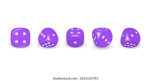 Vector 3d Realistic Purple Game Dice with White Dots Icon Set Closeup Isolated on White Background. Game Cubes for Gambling in Different Positions, Casino Dices, Round Edges