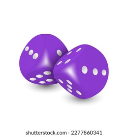 Vector 3d Realistic Purple Game Dice with White Dots Set Closeup Isolated on White Background. Game Cubes Couple for Gambling in Different Positions, Casino Dices, Round Edges