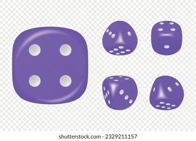 Vector 3d Realistic Purple Game Dice with White Dots Set in Different Positions Isolated. Gambling Games Design, Casino, Poker, Tabletop, Board Games. Realistic Cubes, Random Numbers, Rounded Edges