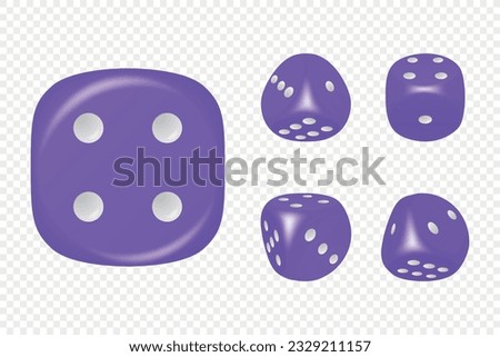 Vector 3d Realistic Purple Game Dice with White Dots Set in Different Positions Isolated. Gambling Games Design, Casino, Poker, Tabletop, Board Games. Realistic Cubes, Random Numbers, Rounded Edges