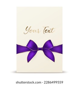 Cinta de regalo púrpura y vectorial 3d realista y doblado con fondo de tarjeta de felicitación blanca. Planilla de diseño de arcos, Concepto para cumpleaños, regalos de Navidad, invitaciones, tarjetas, caja de regalo. Decoración de vacaciones