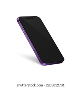 Plantilla de diseño de Smartphone moderno púrpura y vectorial 3d con pantalla negra. Teléfono móvil aislado. Interfaz de usuario de dispositivo de teléfono UX, vista de teléfono en mitad de turno