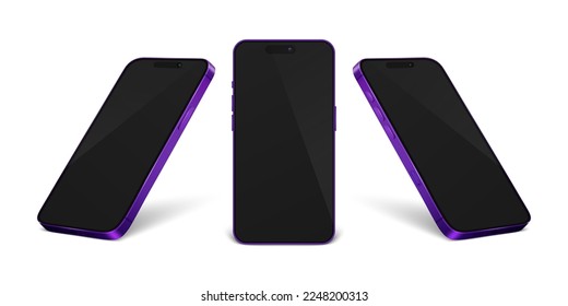 Plantilla de diseño de Smartphone moderno púrpura y realista Vector 3d Colocada en fondo blanco. Tragedia de teléfonos móviles. Interfaz de usuario de dispositivo de teléfono UX, teléfono en la parte delantera, vista de media vuelta