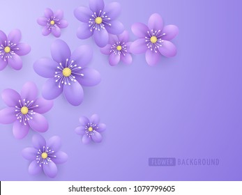 Vector 3d realistic purple paper flowers on the violet background. Decorative floral craft elements of design for greeting and invitation cards.