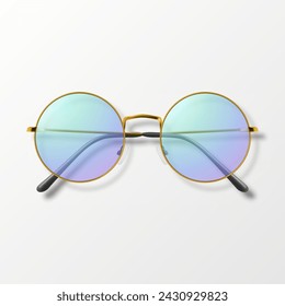 Vector 3d Realistic Purple Round Frame Glasses Isolated. Sunglasses, Lens, Vintage Eyeglasses in Top View. Design Template for Optics and Eyewear Branding Concept