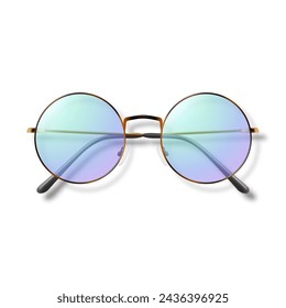 Vektor 3D Realistische violette runde Rahmen Brille isoliert. Sonnenbrille, Linse, Vintage Brille in Draufsicht. Design-Vorlage für Optik und Brillen-Branding-Konzept