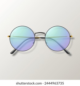 Vector 3d Realista Púrpura Redondo Marco Gafas Aislado. Gafas de sol, lentes, gafas Antiguas en Top View. Plantilla de diseño para el concepto de marca de óptica y gafas