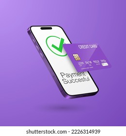 Vector 3d Realistic Purple Smartphone, Credit Card, Wi-Fi Successful Payment. Concept of Payment for Purchases by Card, Online Shopping. Design Template, Bank POS Terminal, Mockup. Processing NFC