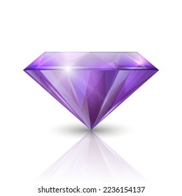 Vector 3d Gemstone triangular transparente púrpura realista, Diamante, Cristal, Rhinestone Closeup sobre fondo blanco con reflexión. Concepto jovial. Plantilla de diseño, cartel