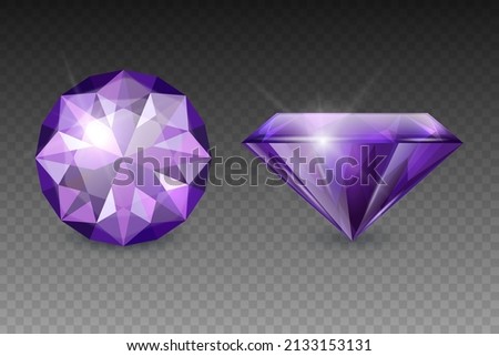 Vector 3d Realistic Purple Transparent Gemstone, Diamond, Crystal, Rhinestones Icon Set Closeup Isolated. Jewerly Concept. Design Template, Clipart. Top and Side View