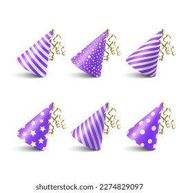 Vector 3d Realistic Purple and White Birthday Party Hat Icon Set Isolated on White Background. Party Cap Design Template for Party Banner, Greeting Card. Holiday Hats, Cone Shape, Front View