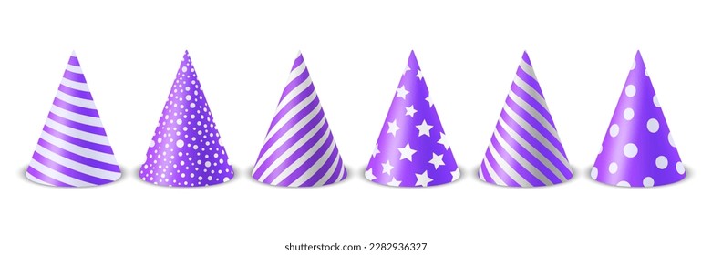 Vector 3d Realista Púrpura y Blanco Fiesta de Nacimiento Sombrero Conjunto Aislado en Fondo Blanco. Plantilla de diseño de portada para banner de fiesta, tarjeta de saludo. Sombreros de vacaciones, forma de cono, vista frontal