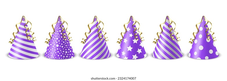 Vector 3d Realistic Purple and White Birthday Party Hat Icon Set Isolated on White Background. Party Cap Design Template for Party Banner, Greeting Card. Holiday Hats, Cone Shape, Front View