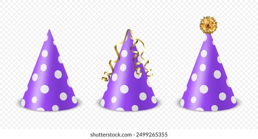 Vector 3d Realistic Purple and White Birthday Party Hat Icon Set Isolated. Party Cap Design Template for Party Banner, Greeting Card. Holiday Hats, Cone Shape, Front View