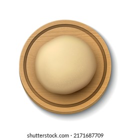 Vector 3d Realistic Raw Bread, Pizza Dough Pastry Ball, Round Wooden Cutting Board Isolated. Mixing Dough, Flour. Template For Baking, Pizza, Biscuits, Bread Design. Bakery, Kitchen Concept. Top View