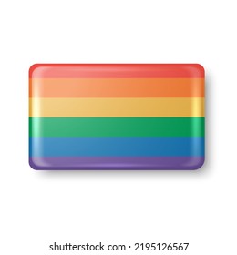 Vector 3d Metal Rectangular realista, placa de botón de plástico con bandera LGBT. Insignia de pinza de botón, clavija de broche. El Mes del Orgullo Celebra El Concepto. Arcoiris Lgbt, bandera transgénero