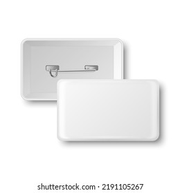 Vector 3d Realistic Rectangular White Metal, Plastic Blank Empty Button Badge Icon Isolated. Button Pin Badge. Glossy Brooch Pin. Top View - Front and Back Side. Template for Branding, Mock-up