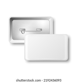 Vector 3d Realistic Rectangular White Metal, Plastic Blank Empty Button Badge Icon Isolated. Button Pin Badge. Glossy Brooch Pin. Top View - Front and Back Side. Template for Branding, Mock-up