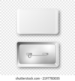 Vector 3d Realistic Rectangular White Metal, Plastic Blank Empty Button Badge Icon Isolated. Button Pin Badge. Glossy Brooch Pin. Top View - Front and Back Side. Template for Branding, Mock-up