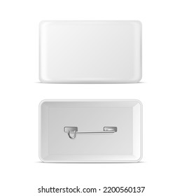 Vector 3d Realistic Rectangular White Metal, Plastic Blank Empty Button Badge Icon Isolated. Button Pin Badge. Glossy Brooch Pin. Front View - Front and Back Side. Template for Branding, Mock-up