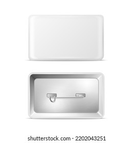 Vector 3d Realistic Rectangular White Metal, Plastic Blank Empty Button Badge Icon Isolated. Button Pin Badge. Glossy Brooch Pin. Front View - Front and Back Side. Template for Branding, Mock-up