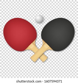 Vector 3d Realistic Red and Black Ping Pong Racket and Ball Icon Closeup Isolated on Transparent Background. Sport Equipment for Table Tennis. Design Template. Stock Illustration