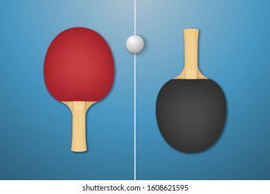 Vector 3d Realistic Red and Black Ping Pong Racket and Ball Icon Closeup on Blue Tennis Table Background. Sport Equipment for Table Tennis. Design Template. Stock Illustration
