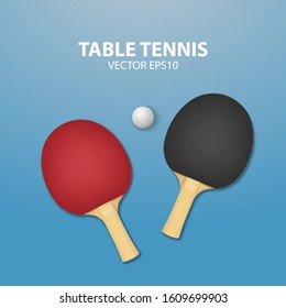 Vector 3d Realistic Red and Black Ping Pong Racket and Ball Icon Closeup on Blue Tennis Table Background. Sport Equipment for Table Tennis. Design Template. Stock Illustration