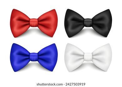 Vector 3D Realistic Red, Black, Blue, White Bow Tie Set Closeup Isolated. Silk Glossy Bowtie, Tie Gentleman. Mockup, Design Template of Stylish Bow Tie for Men. Fashion, Father's Day Holiday Concept