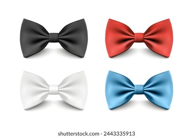 Vector 3D Realistic Red, Black, Blue, White Bow Tie Set Isolated. Silk Glossy Bowtie, Tie Gentleman. Mockup, Design Template of Stylish Bow Tie for Men. Fashion, Father s Day Holiday Concept