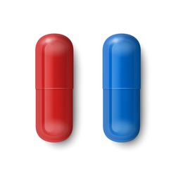 Vector 3D Realistic Red And Blue Pharmaceutical Medical Pill, Capsule, Tablet Set Isolate On White Background. Top View. Medicine, Choice Concept