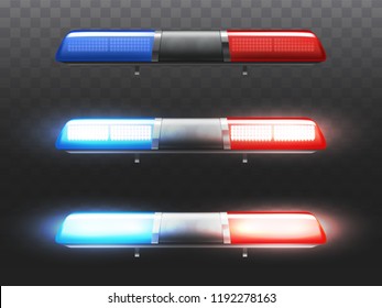 Vector 3d realistic red and blue led flasher for police car. Xenon signal of municipal service. Stages of siren with light and alert lamp. Transparent beacon for emergency isolated on dark background