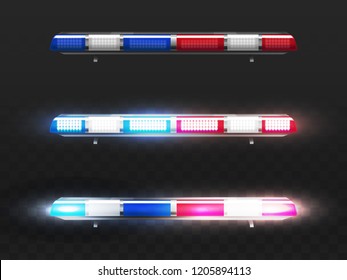 Vector 3d realistic red and blue led flasher for police car. Signal of municipal service with bulbs. Different sirens with light and alert lamp. Transparent beacon for emergency, turned on or off.