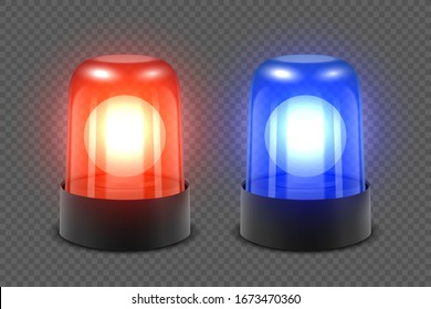 Vektorillustration 3d Realistisches Rot und Blau einschalten Polizeiflasher Siren Nahaufnahme einzeln auf transparentem Hintergrund. Licht, Leuchtfeuer für Polizeiwagen, Krankenwagen, Feuerwehrwagen. Notflackernde Sirene. Vorderansicht