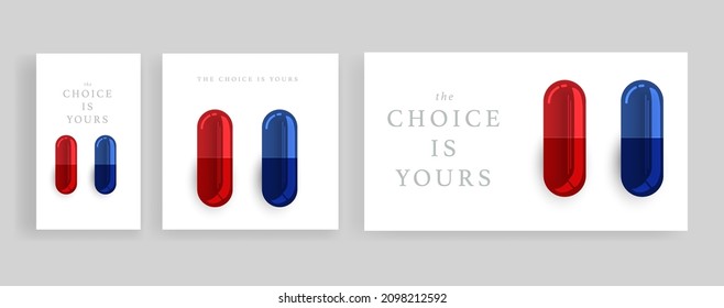 Vector 3d Realistic Red and Blue Medical Pill Icon Set. The choice is yours. Social Media Design template of Matrix Pills, Capsules for graphics, Mockup. Medical and Healthcare Concept. Top View