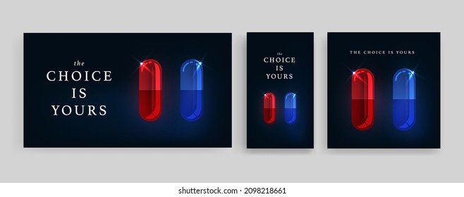 Vector 3d Realistic Red And Blue Medical Pill Icon Set. The Choice Is Yours. Social Media Design Template Of Matrix Pills, Capsules For Graphics, Mockup. Medical And Healthcare Concept. Top View