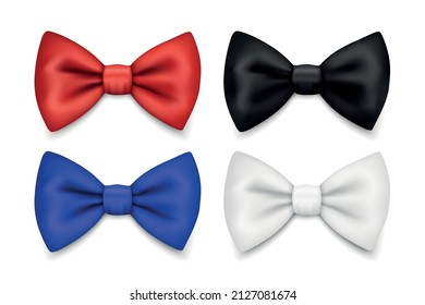 Vector 3d Realistic Red, Blue, White, Black Bow Tie Icon Set Closeup Isolated. Silk Glossy Bowtie, Tie Gentleman. Mockup, Design Template. Bow tie for Man. Mens Fashion, Fathers Day Holiday