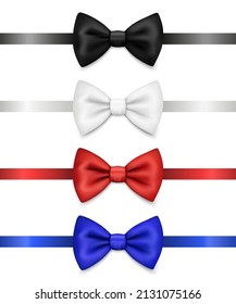 Vector 3d Realistic Red, Blue, White, Black Bow Tie Icon Set Closeup Isolated. Silk Glossy Bowtie, Tie Gentleman. Mockup, Design Template. Bow tie for Man. Mens Fashion, Fathers Day Holiday
