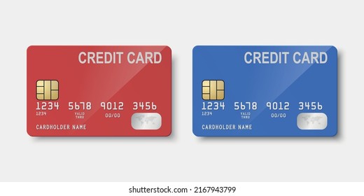 Vector 3d Realistic Red and Blue Blank Credit Card Isolated. Design Template of Plastic Credit or Debit Card for Mockup, Branding. Credit Card Payment Concept. Front Side
