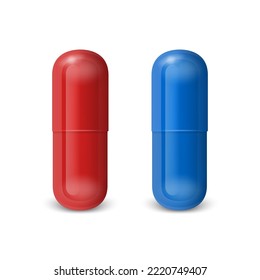 Vector 3D Realistic Red and Blue Pharmaceutical Medical Pill, Capsule, Tablet Set Isolate on White Background. Front View. Medicine, Choice Concept