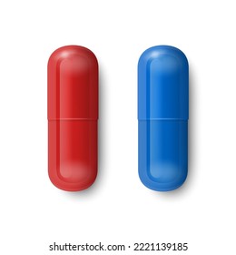 Vector 3D Realistic Red and Blue Pharmaceutical Medical Pill, Capsule, Tablet Set Isolate on White Background. Top View. Medicine, Choice Concept