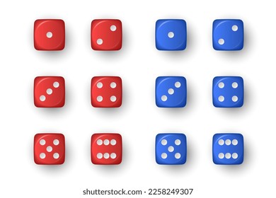 Vector 3d Realistic Red and Blue Game Dice Icon Set Closeup Isolated on White Background. Game Cubes for Gambling, Casino Dices From One to Six Dots, Round Edges