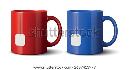 Vector 3D Realistic Red and Blue Ceramic Mug Set. Tea Cups with Blank Tag, Tea Bag Label, Blank Promotional Cup for Branding, Corporate Gift, Advertising, Merchandise, Logo Template, Mockup