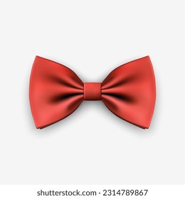 Vector 3d Realistic Red Bow Tie Icon Closeup Isolated on White Background. Silk Glossy Bowtie, Tie Gentleman. Mockup, Design Template. Bow tie for Man. Mens Fashion, Fathers Day Holiday