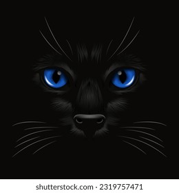 Vector 3d Realistic Red Cats Eye of a Black Cat in the Dark, at Night. Red, Cat Face with Yes, Nose, Whiskers on Black. Cat Closeup Look in the Darkness. Front View